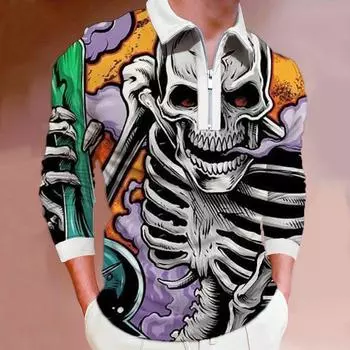 Рубашки поло мужские с длинным рукавом модные разноцветные ребристые черепа принт новая мужская рубашка поло футболка на молнии с длинными рукавами топ