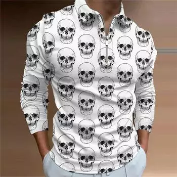Рубашки поло мужские с длинным рукавом модные белые с принтом черепа новые мужские рубашки поло футболка на молнии с длинными рукавами топ