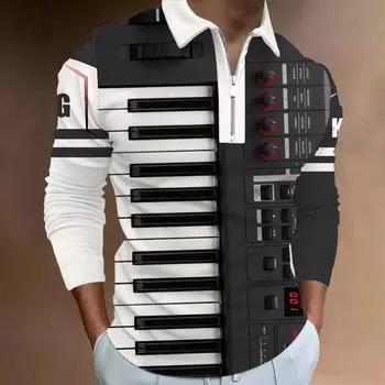 Рубашки поло мужские с длинным рукавом модные черные электронные фортепьяно принт новая мужская рубашка поло футболка на молнии с длинными рукавами топ XS чёрный