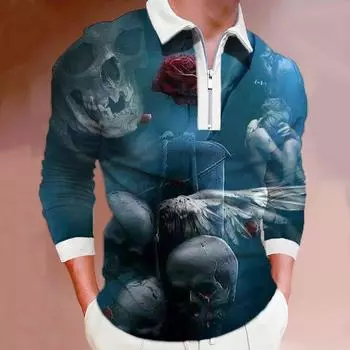 Рубашки поло мужские с длинным рукавом модные синие скелеты с принтом розы новые мужские рубашки поло футболка на молнии с длинными рукавами топ