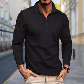 Рубашки поло мужские с длинным рукавом, однотонный принт, новая мужская рубашка поло с длинным рукавом, футболка на молнии, топ 2XL чёрный