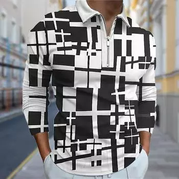 Рубашки поло мужские с длинным рукавом с неровными линиями и принтом, новая мужская рубашка поло с длинным рукавом, футболка на молнии, топ XS чёрный