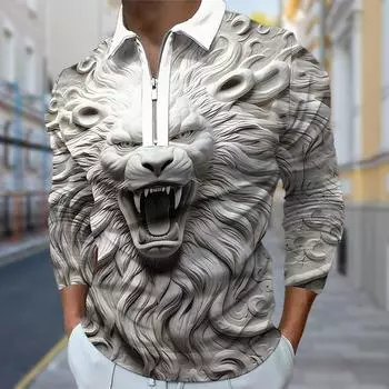 Рубашки поло мужские с длинным рукавом с принтом могучего льва, новая мужская рубашка поло с длинным рукавом, футболка на молнии, топ XS белый