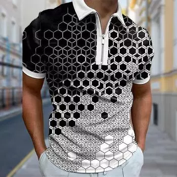 Рубашки поло мужские с длинным рукавом с шестиугольным комбинированным принтом, новая мужская рубашка поло с длинным рукавом, футболка на молнии, топ XS чёрный