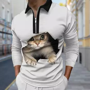 Рубашки поло мужские с длинным рукавом, симпатичный принт с изображением кота в дырочку, новая мужская рубашка поло с длинным рукавом, футболка на молнии, топ XS синий