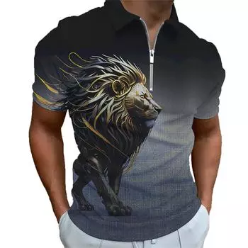 Рубашки-поло на молнии с 3d принтом льва, мужская спортивная одежда, футболка с животным узором, летние поло с короткими рукавами, топ для мужчин S