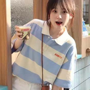 Рубашки-поло в полоску из чистого хлопка Y2K, летние милые милые женские футболки в японском стиле, свободные топы с короткими рукавами для девочек, винтажные футболки M синий