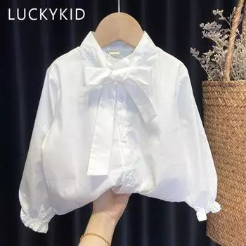 Рубашки с бантом для детей, детские белые топы с длинными рукавами, хлопковая рубашка для маленьких девочек, милая детская одежда для девочек-подростков 100 белый