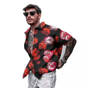 Рубашки с цветочным принтом, мужская рубашка с тонкими пуговицами и короткими рукавами с лацканами, мужской топ M