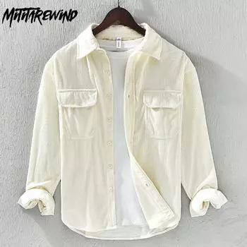 Рубашки с длинным рукавом весна/осень для мужчин, повседневная мужская рубашка с воротником-лацкан, однотонная вельветовая рубашка с двойными карманами M белый