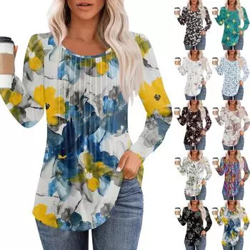 Рубашки с длинным рукавом для женщин, футболки с милым принтом и графикой, блузки, нарядные повседневные блузки, плиссированные топы-туники с овальным вырезом L тёмно-синий