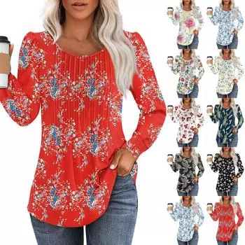 Рубашки с длинным рукавом для женщин, футболки с милым принтом и графикой, блузки, нарядные повседневные блузки, плиссированные топы-туники с овальным вырезом L чёрный