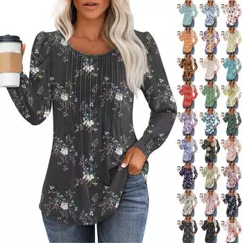 Рубашки с длинным рукавом для женщин, футболки с милым принтом и графикой, блузки, нарядные повседневные блузки, плиссированные топы-туники с овальным вырезом L кофейный