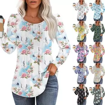 Рубашки с длинным рукавом для женщин, футболки с милым принтом и графикой, блузки, нарядные повседневные блузки, плиссированные топы-туники с овальным вырезом L чёрный