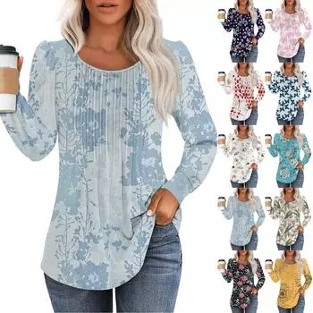 Рубашки с длинным рукавом для женщин, футболки с милым принтом и графикой, блузки, нарядные повседневные блузки, плиссированные топы-туники с овальным вырезом L чёрный