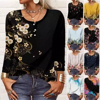 Рубашки с длинным рукавом для женщин, футболки с рисунком и принтом, блузки, повседневные базовые топы больших размеров, пуловеры L чёрный