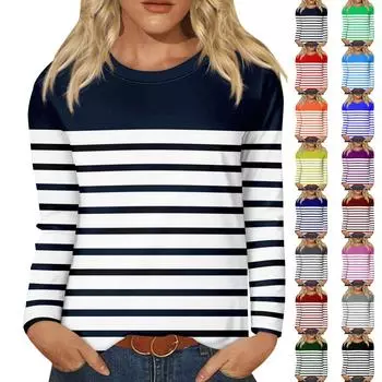 Рубашки с длинным рукавом для женщин, футболки в полоску с графическим принтом, блузки, повседневные базовые топы больших размеров, пуловеры L чёрный