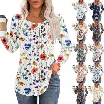 Рубашки с длинным рукавом для женщин, футболки с милым принтом и графикой, блузки, нарядные повседневные блузки, плиссированные топы-туники с овальным вырезом XXL