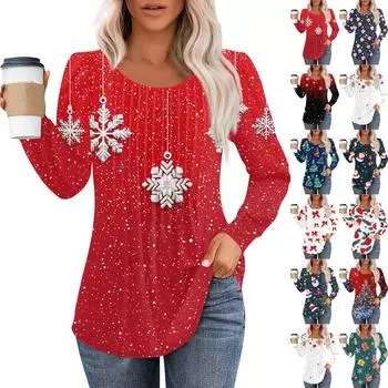 Рубашки с длинным рукавом для женщин, футболки с милым принтом и графикой, блузки, нарядные повседневные блузки, плиссированные топы-туники с овальным вырезом M синий