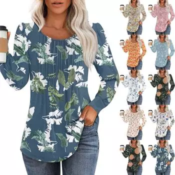 Рубашки с длинным рукавом для женщин, футболки с милым принтом и графикой, блузки, нарядные повседневные блузки, плиссированные топы-туники с овальным вырезом L синий