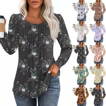 Рубашки с длинным рукавом для женщин, футболки с милым принтом и графикой, блузки, нарядные повседневные блузки, плиссированные топы-туники с овальным вырезом XXXL