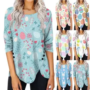 Рубашки с длинным рукавом для женщин, футболки с принтом, блузки, повседневные топы на пуговицах нестандартной формы, пуловер L циан