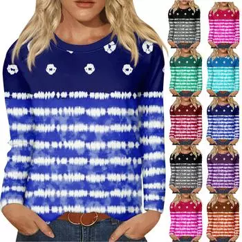 Рубашки с длинным рукавом для женщин, футболки в полоску с графическим принтом, блузки, повседневные базовые топы больших размеров, пуловеры XL синий
