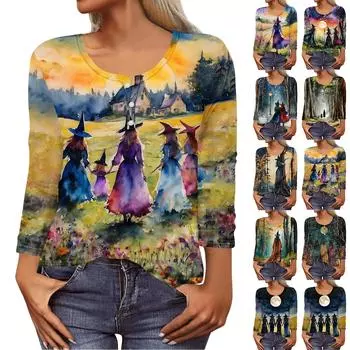 Рубашки с длинным рукавом для женщин, Хэллоуин с рисунком и графическим принтом, футболки, блузки, повседневные базовые топы больших размеров, пуловер XXL жёлтый