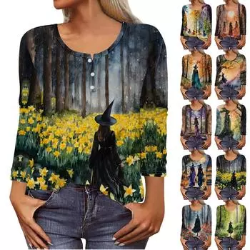 Рубашки с длинным рукавом для женщин, Хэллоуин с рисунком и графическим принтом, футболки, блузки, повседневные базовые топы больших размеров, пуловер XXXL синий