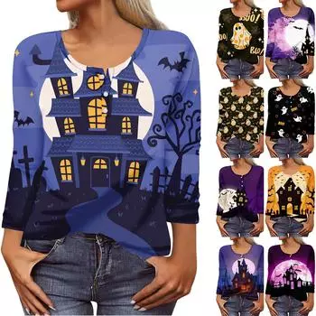 Рубашки с длинным рукавом для женщин, Хэллоуин с рисунком и графическим принтом, футболки, блузки, повседневные базовые топы больших размеров, пуловер XXL хаки