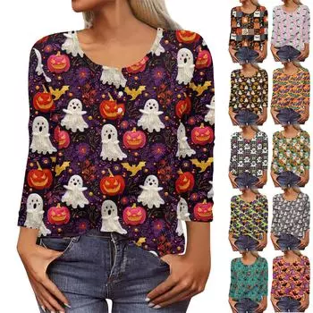 Рубашки с длинным рукавом для женщин, Хэллоуин с рисунком и графическим принтом, футболки, блузки, повседневные базовые топы больших размеров, пуловер L белый