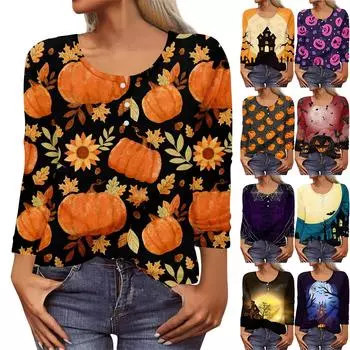Рубашки с длинным рукавом для женщин, Хэллоуин с рисунком и графическим принтом, футболки, блузки, повседневные базовые топы больших размеров, пуловер XL фиолетовый