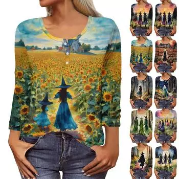 Рубашки с длинным рукавом для женщин, Хэллоуин с рисунком и графическим принтом, футболки, блузки, повседневные базовые топы больших размеров, пуловер L синий