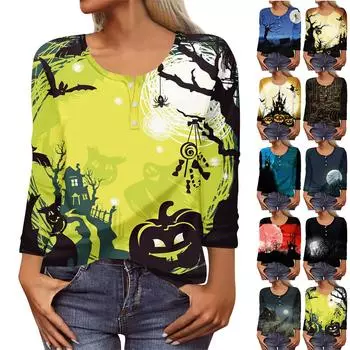 Рубашки с длинным рукавом для женщин, Хэллоуин с рисунком и графическим принтом, футболки, блузки, повседневные базовые топы больших размеров, пуловер XXL