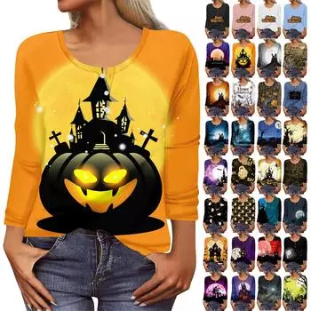 Рубашки с длинным рукавом для женщин, Хэллоуин с рисунком и графическим принтом, футболки, блузки, повседневные базовые топы больших размеров, пуловер XXL