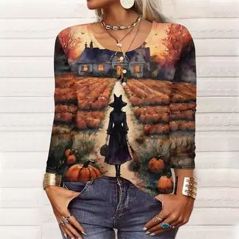 Рубашки с длинным рукавом для женщин, Хэллоуин с рисунком и графическим принтом, футболки, блузки, повседневные базовые топы больших размеров, пуловер XL шафрановый