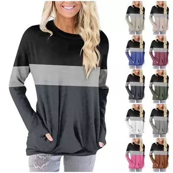 Рубашки с длинным рукавом для женщин, контрастные цвета, футболки с графическим принтом, блузки, повседневные базовые топы больших размеров, пуловеры XL киноварь