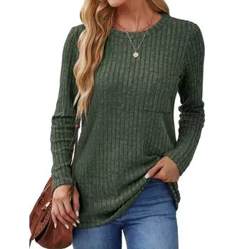 Рубашки с длинным рукавом для женщин, легкая толстовка с круглым вырезом, повседневная туника, топы для женщин с карманом, мода L армия зеленый