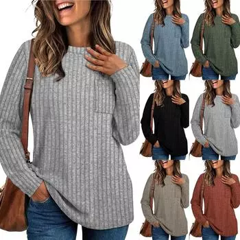 Рубашки с длинным рукавом для женщин, легкая толстовка с круглым вырезом, повседневная туника, топы для женщин с карманом, мода XL коричневый