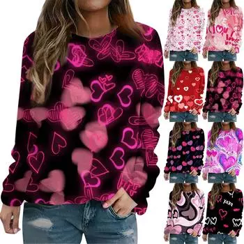 Рубашки с длинным рукавом для женщин, легкие свободные пуловеры с круглым вырезом и принтом ко Дню святого Валентина M