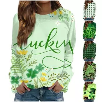 Рубашки с длинным рукавом для женщин, легкие свободные рубашки с круглым вырезом. Пуловеры с принтом «День Святого Патрика» M белый