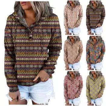 Рубашки с длинным рукавом для женщин, легкие свободные повседневные пуловеры с капюшоном и принтом, веревочные топы с круглым вырезом M красный