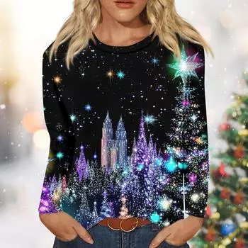 Рубашки с длинным рукавом для женщин Милые принты Графические футболки Блузки Нарядные повседневные блузки Плиссированные туники с круглым вырезом Топы Рождество L армия зеленый