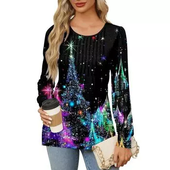 Рубашки с длинным рукавом для женщин Милые принты Графические футболки Блузки Нарядные повседневные блузки Плиссированные туники с круглым вырезом Топы Рождество L темно-синий