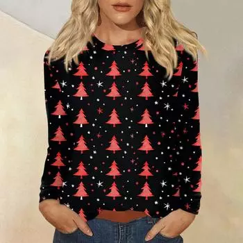 Рубашки с длинным рукавом для женщин, милые футболки с принтом на Рождество, блузки, повседневные топы больших размеров, пуловеры S чёрный