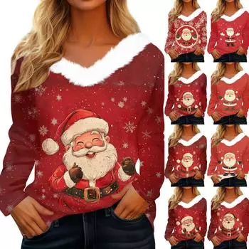 Рубашки с длинным рукавом для женщин Милые топы Рождественские принты Футболки Блузки Повседневные топы больших размеров Базовые топы Пуловеры M