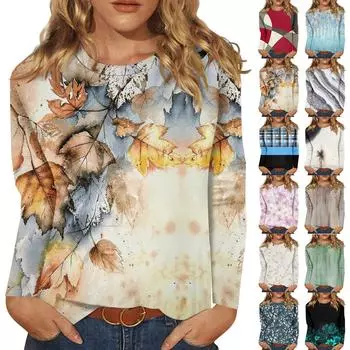 Рубашки с длинным рукавом для женщин, милые футболки с графическим принтом, блузки, повседневные базовые топы больших размеров, пуловеры L бежевый