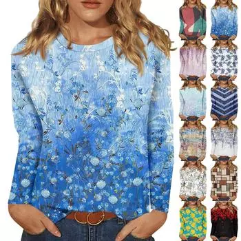 Рубашки с длинным рукавом для женщин, милые футболки с графическим принтом, блузки, повседневные базовые топы больших размеров, пуловеры L чёрный