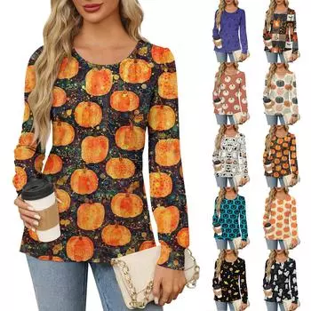 Рубашки с длинным рукавом для женщин, милые принты, графические футболки, блузки, нарядные повседневные блузки, плиссированные туники с круглым вырезом, топы на Хэллоуин S тёмно-синий