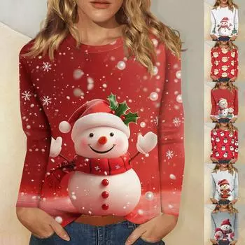 Рубашки с длинным рукавом для женщин Милые принты Футболки Блузки Повседневные Большие размеры Базовые топы Пуловеры Рождественские L светло-серый
